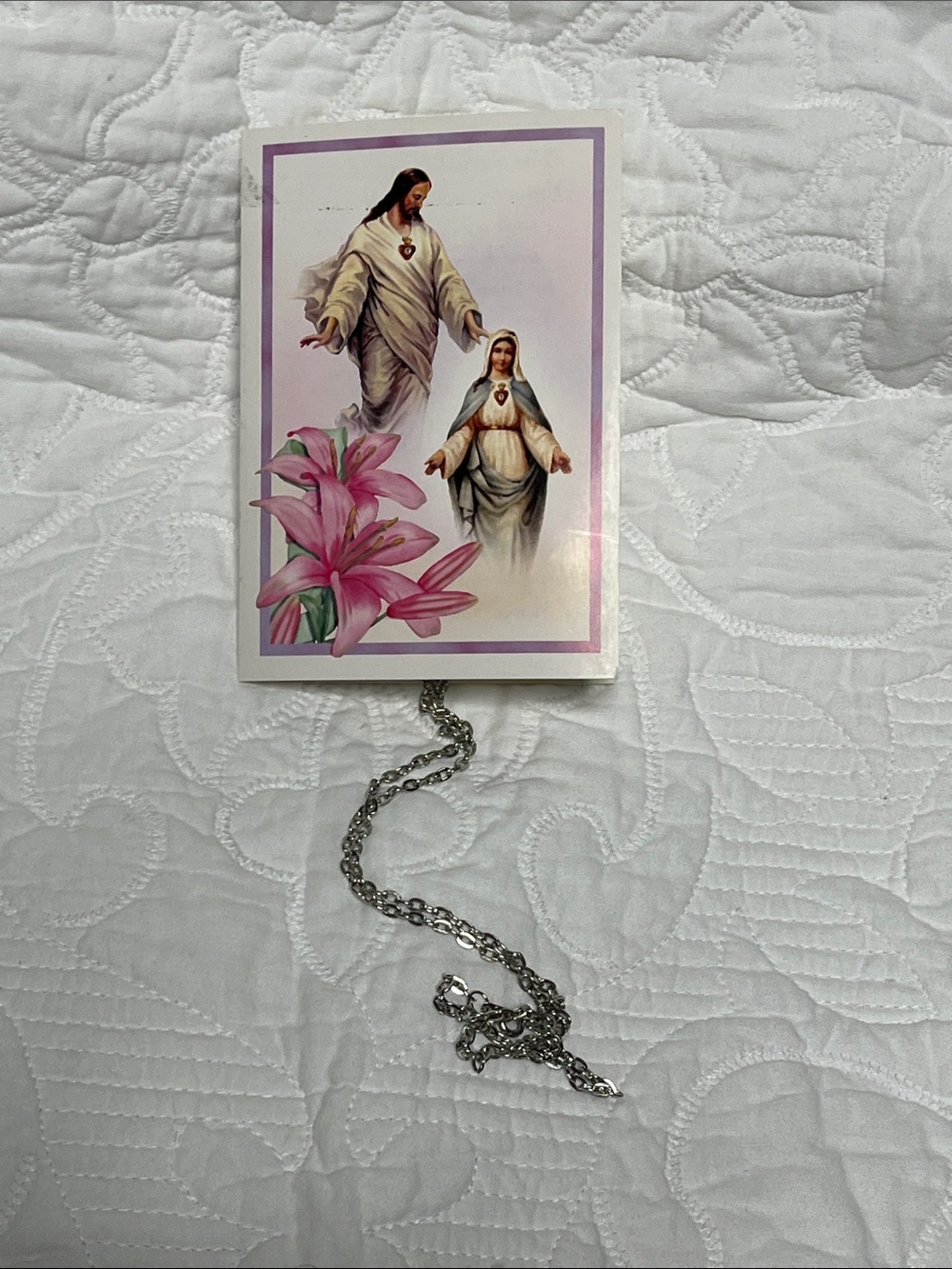 VTG Silver-Tone Religious Immaculate Heart of Mary Pendant Necklace & PrayerCard
